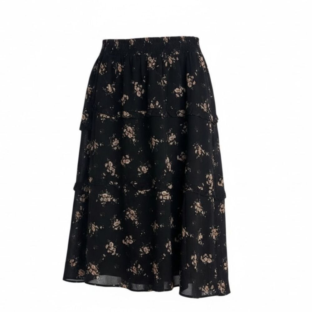 Allegra K NWOT Floral Smocked Waist Knee Length Ruffle Tiered Skirt Black XL